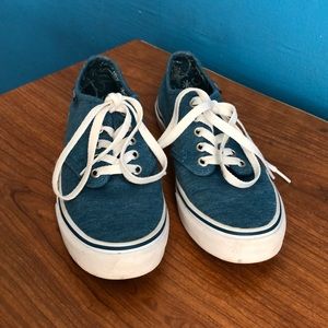 Blue vans with floral prints inside